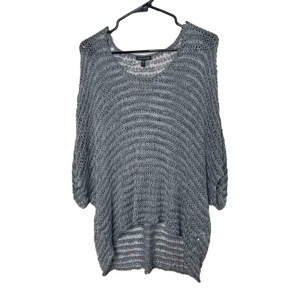 Eileen Fisher Top Size L Gray Linen Open Knit Lagenlook artsy Quit Luxury